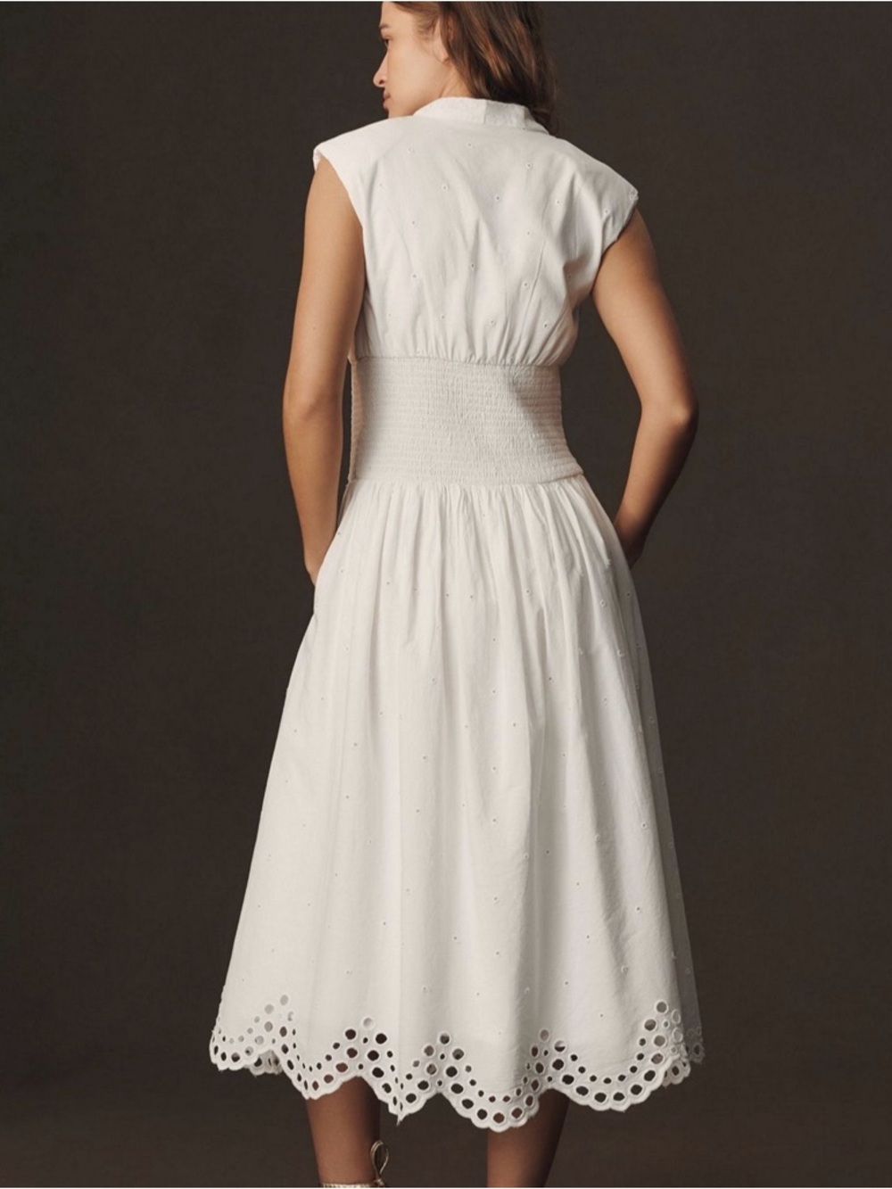 Anthropologie Tommie Cap-Sleeve Zip-Front White Eyelet Midi Dress - Size L - Picture 2 of 6